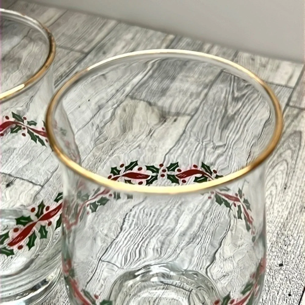 Libbey Holly Berry Gold Rim Glasses Set of 2